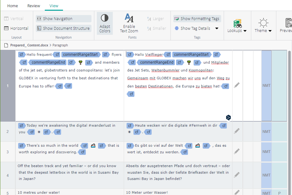 Trados Studio screenshot showing a side-by-side view of a document being translated from English to German with visible formatting tags and comments.