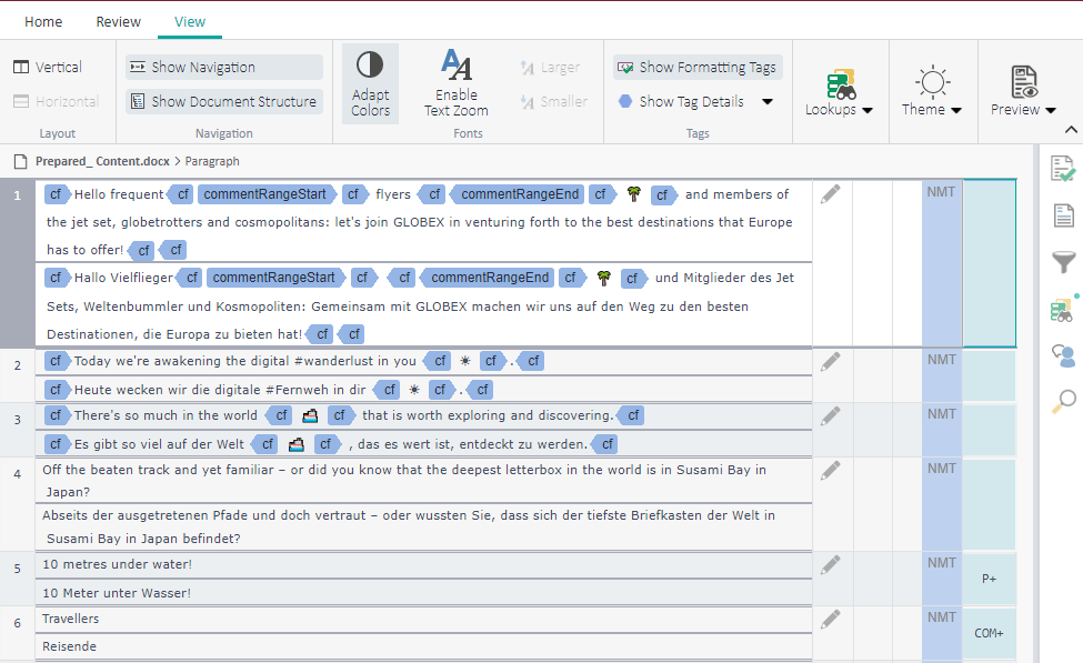Trados Studio interface displaying a document in translation with a focus on the text editing area, showing English and German versions side by side.