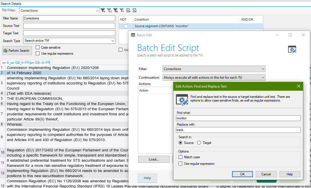 Screenshot of Trados Studio showing the Translation Memory View with a 'Corrections' filter applied. A Batch Edit Script window is open with options to find and replace the term 'monitor' with 'track' in the target text.