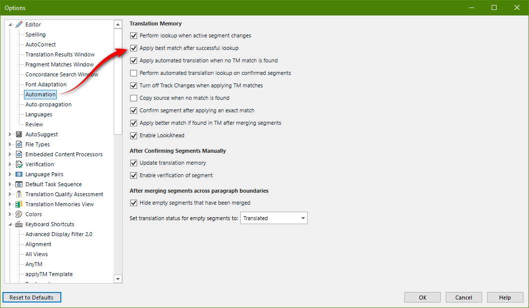 Trados Studio options menu with Translation Memory settings, highlighting 'Perform lookup when active segment changes' and 'Apply best match after successful lookup' options checked.