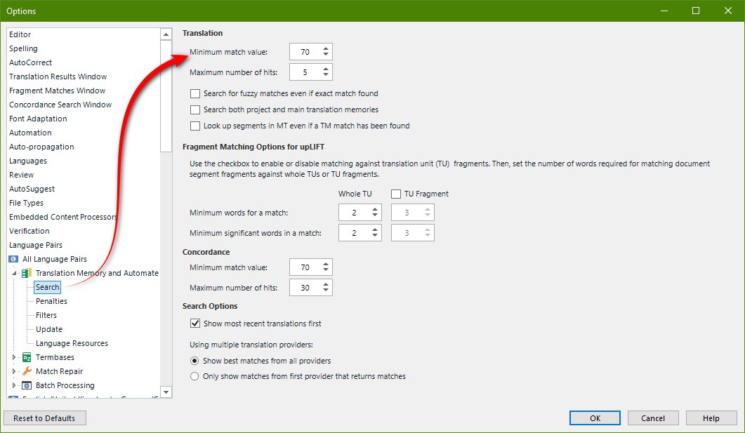 Trados Studio options menu showing Translation settings with 'Minimum match value' set to 70 and 'Maximum number of hits' set to 5.