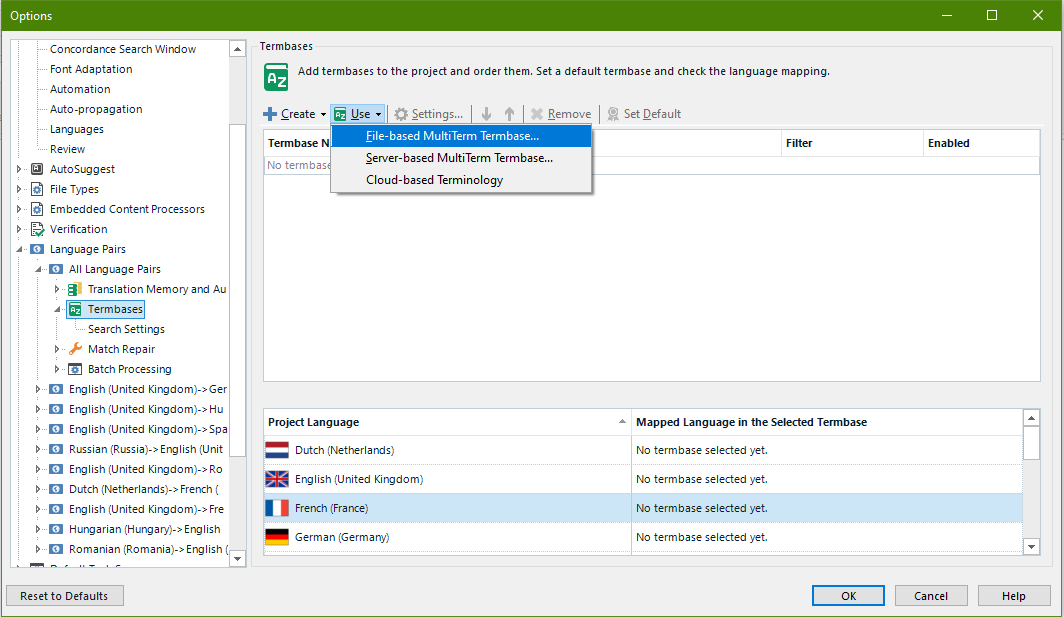 Trados Studio Options window showing Termbases section with no termbase added. Dropdown menu open with options to add File-based, Server-based, or Cloud-based Termbase.