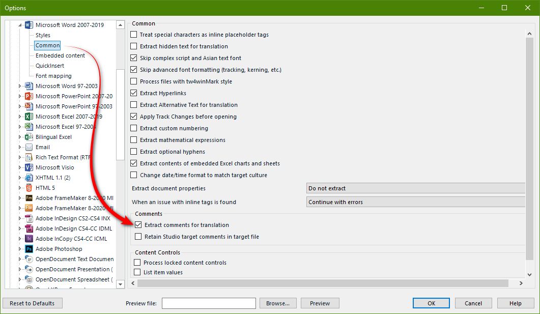 Trados Studio options menu with 'Extract comments for translation' checkbox highlighted, indicating a solution to handle file translation.