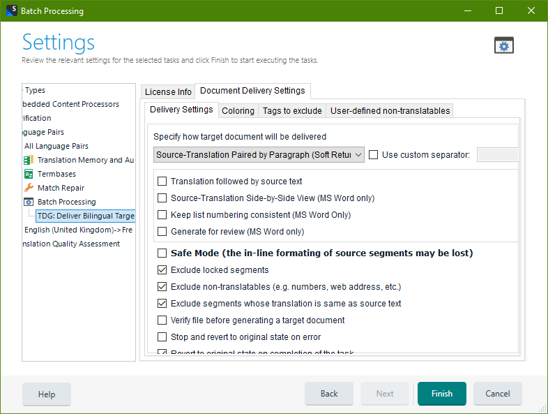 Trados Studio Batch Processing settings window with 'TDG: Deliver Bilingual Target Document' selected under 'Types'.