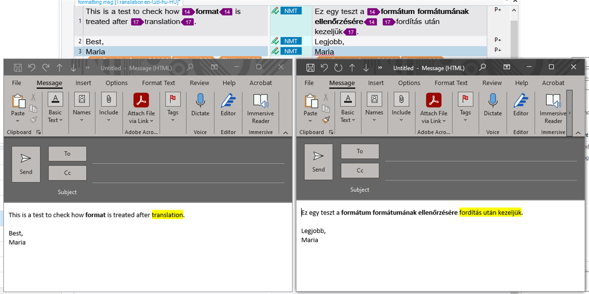 Screenshot of Trados Studio showing a translated email template in English with highlighted text indicating format preservation after translation.