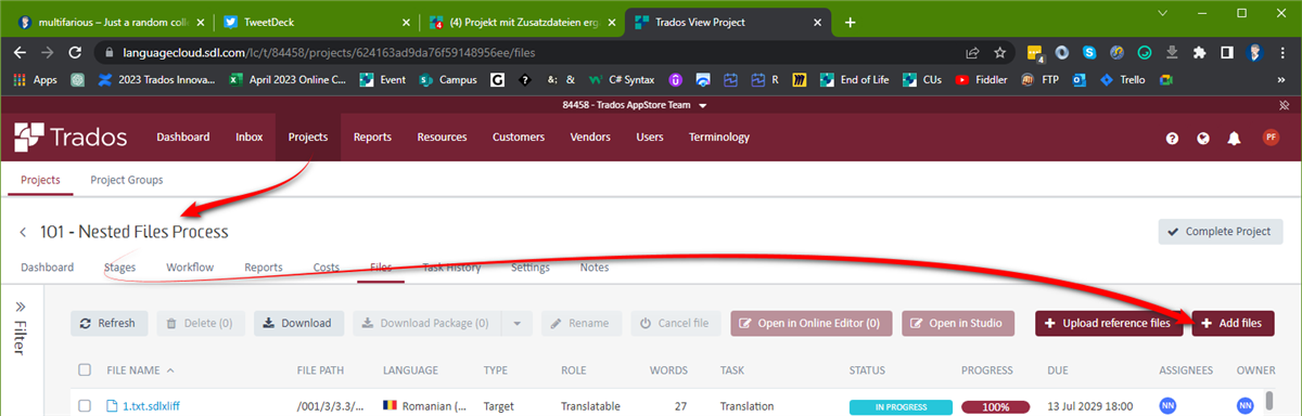 Trados Studio cloud project interface showing '101 - Nested Files Process' with tabs for Dashboard, Stages, Workflow, Reports, Costs, Files, Task History, Settings, and Notes. Highlighted options include 'Upload reference files' and 'Add files'.