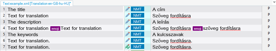 Trados Studio interface showing translation segments with source text in English and target text in Hungarian, including an emoji in segment 4.
