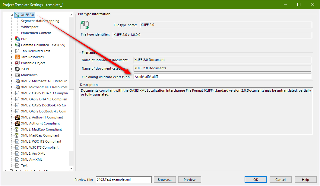 Screenshot of Trados Studio Project Template Settings displaying the XLIFF 2.0 file type information with no changes to the default settings.