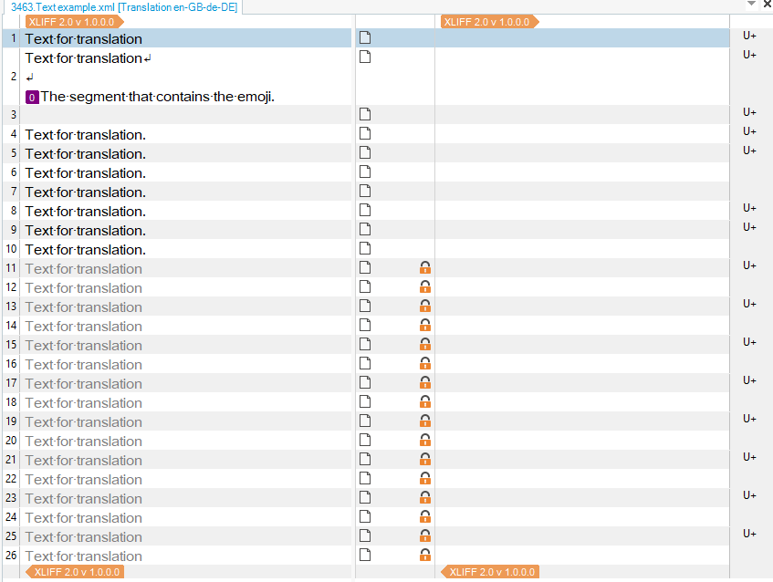 Screenshot of Trados Studio showing XML file content with proper segmentation. Each segment contains 'Text for translation' with an emoji in one segment.