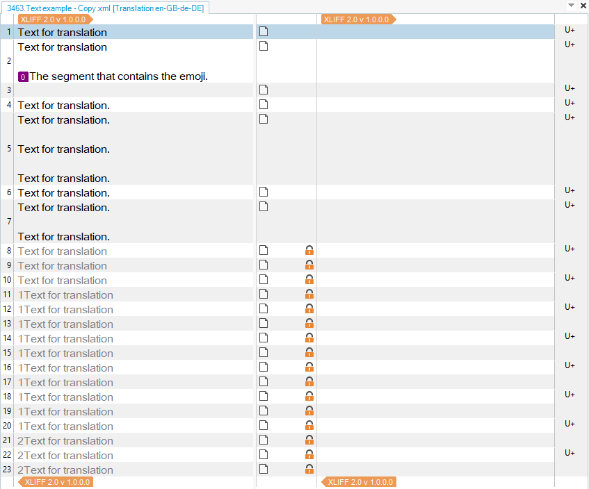 Screenshot of Trados Studio interface with a list of text segments for translation, some segments are duplicated and have warning icons indicating potential issues.