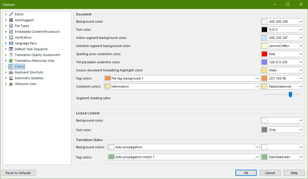 Trados Studio Options dialog showing limited color customization settings for Document, Locked Content, and Translation Status with no visible errors.
