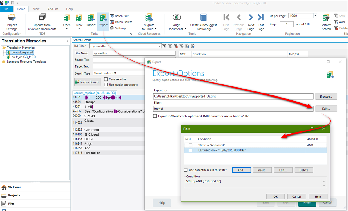 Screenshot of Trados Studio showing the Translation Memories view with a list of items on the left and an Export Options dialog on the right, indicating that saved filters cannot be used in an export.