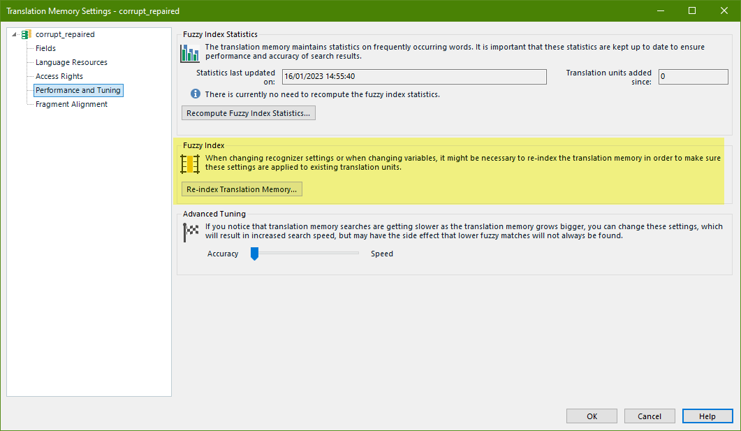 Trados Studio Translation Memory Settings window showing sections for Fuzzy Index Statistics, Fuzzy Index, and Advanced Tuning with no visible errors or warnings.