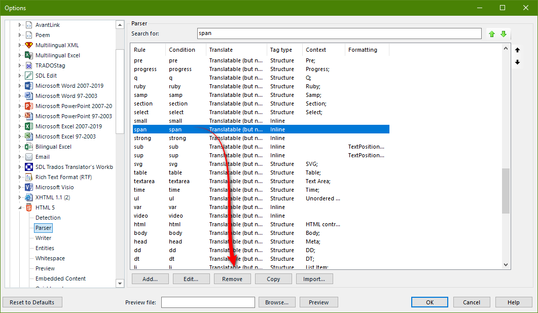 Trados Studio parser options window showing a list of HTML tags and their corresponding rules. The 'span' tag is highlighted with options to add, edit, or remove the rule.