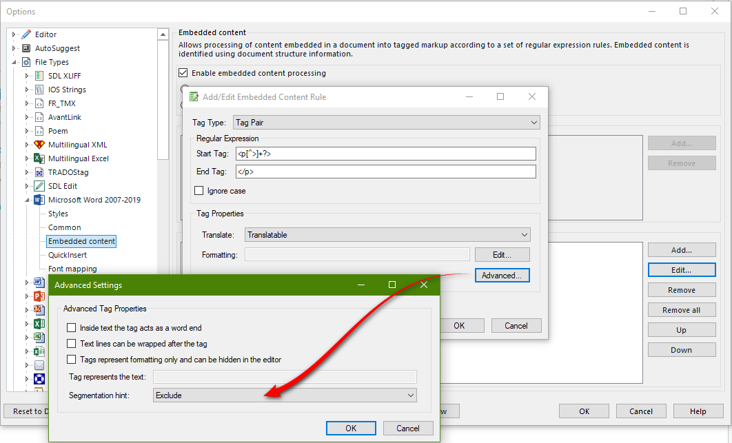 Trados Studio screenshot showing the 'Embedded content' settings with a dialog box for 'AddEdit Embedded Content Rule'. A red arrow points to the 'Segmentation hint' option set to 'Exclude'.