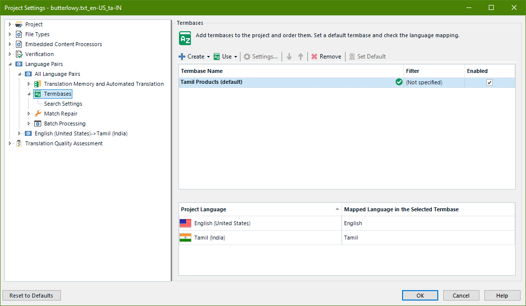 Trados Studio Project Settings window showing Termbases section with 'Tamil Products' as the default termbase. Project Language is English (United States) and Mapped Language in the Selected Termbase is English and Tamil.