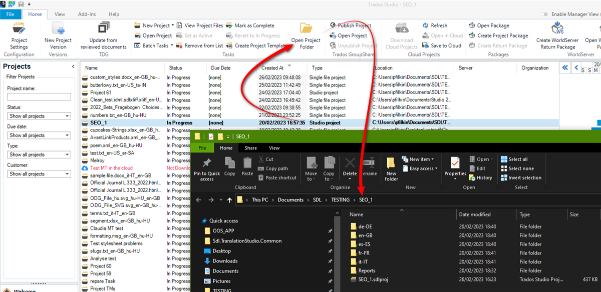 Trados Studio screenshot with an arrow pointing from a selected project in the Projects view to its corresponding folder in Windows Explorer, showing language folders like 'de-DE', 'en-GB', and 'es-ES'.