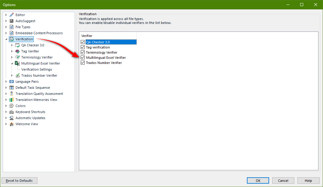 Trados Studio options menu with Verification selected, showing a list of verifiers including QA Checker 3.0, Tag Verifier, Terminology Verifier, Multilingual Excel Verifier, and Trados Number Verifier.