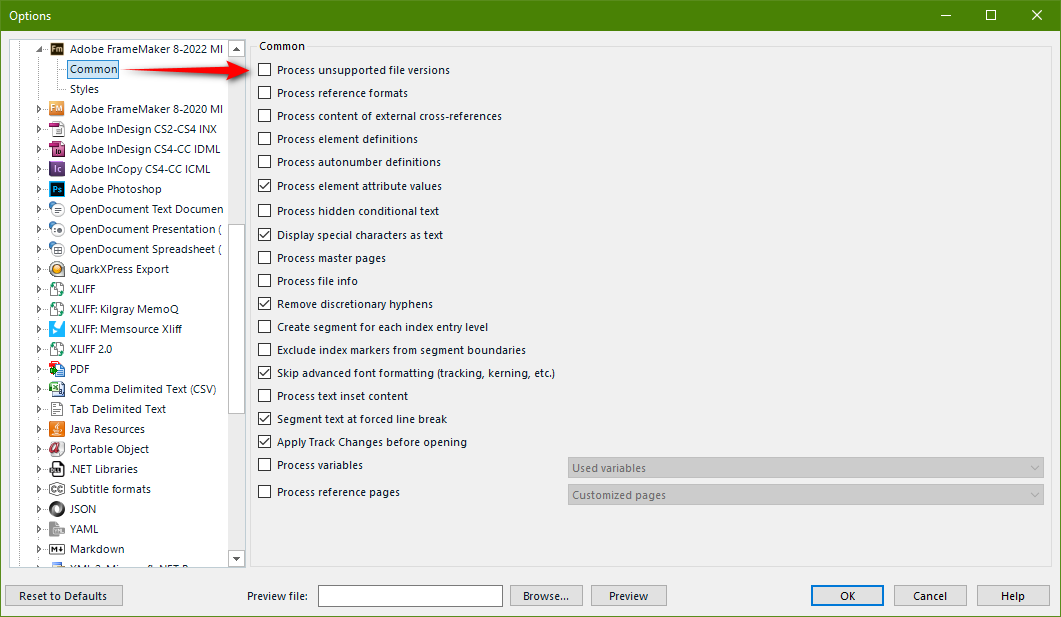 Trados Studio options window showing Adobe FrameMaker 8-2020 MIF file type selected with common settings displayed on the right.
