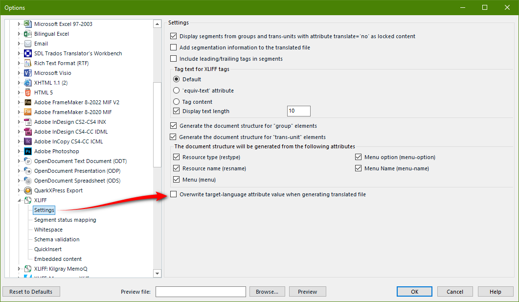 Screenshot showing the XLIFF filetype settings and the default unchecked "Overwrite target-language attribute value when generating translated file" option.