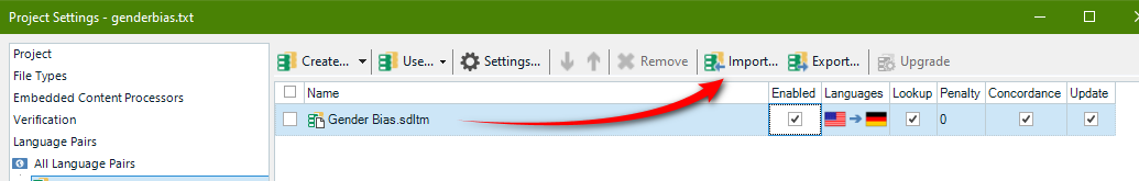 Screenshot showing how to select the import feature to importa TMX into your project TM from the project settings.