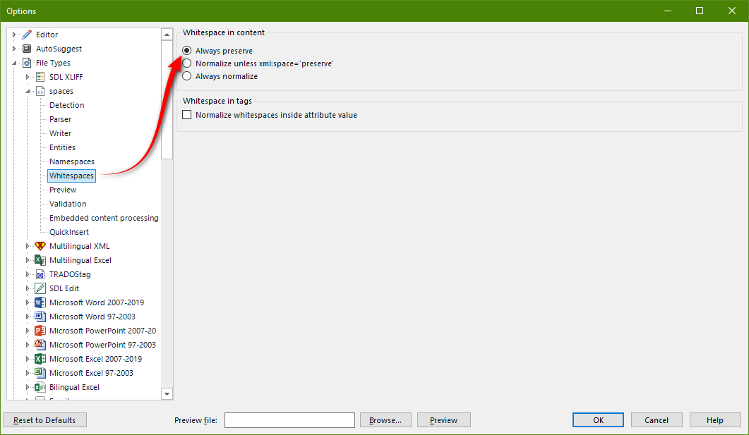 Screenshot showing the "Always preserve" whitespace option in the filetype settings.