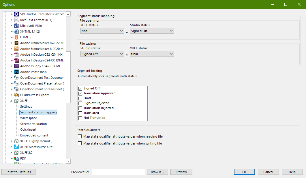 Screenshot showing the mapping options for opening and saving XLIFF files in Trados Studio.