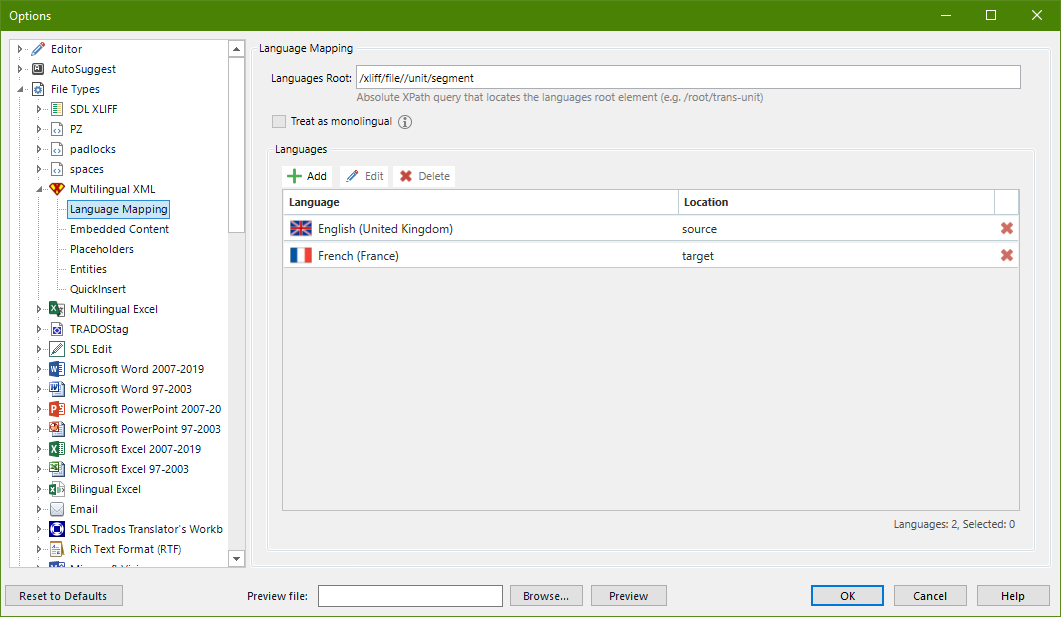 Trados Studio Language Mapping settings window showing Languages Root field with XPath query 'xlifffileunitsegment' and languages listed as English (United Kingdom) source and French (France) target.