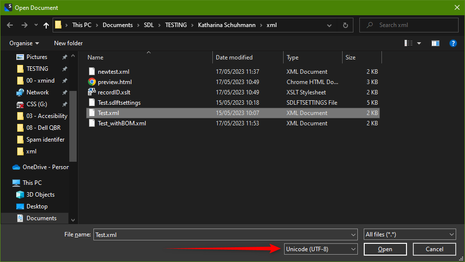 Screenshot shoing the selection of the encoding from a drop down when opening the file.