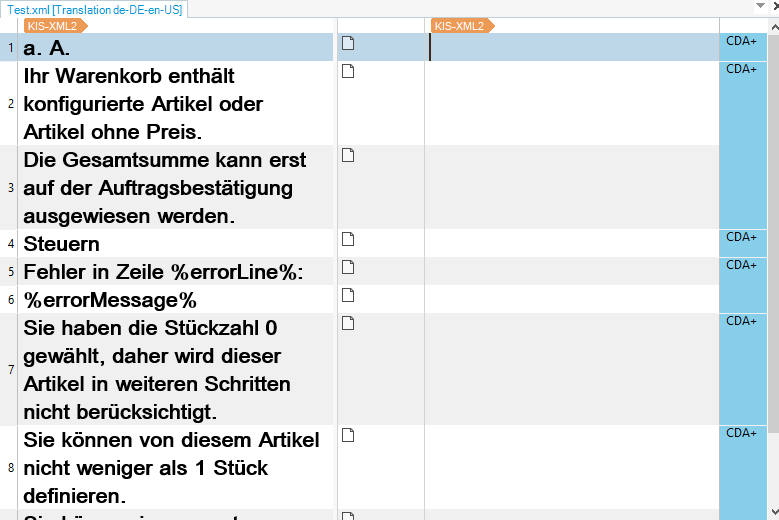 Screenshot of Trados Studio showing a translation error message in German, indicating a problem with the quantity selection for an item in the shopping cart.