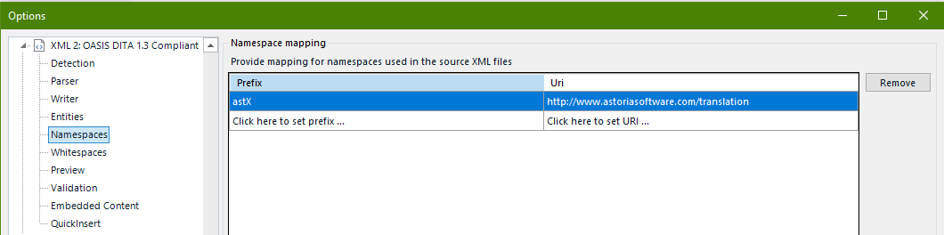 Screenshot shoing the use of a custom namespace in the DITA XML filetype settings.