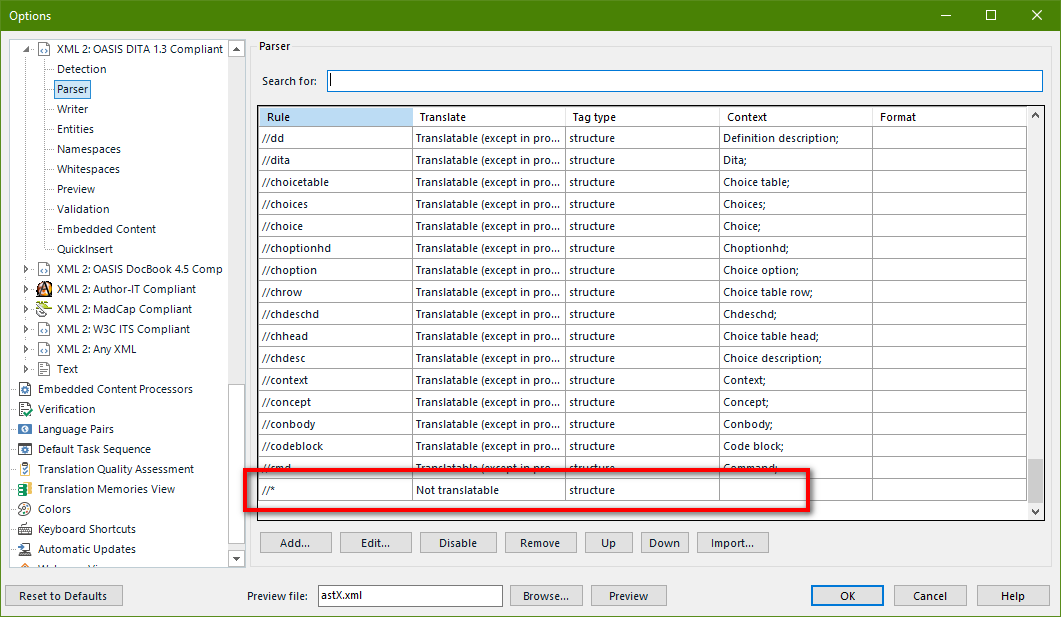 Screenshot showing a new rule, //*, and the rule set as non-translatable and moved to the bottom of the list.
