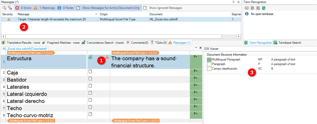 Trados Studio interface showing an error message 'Target: Character length 44 exceeds the maximum 20' and a translated segment with too many characters.