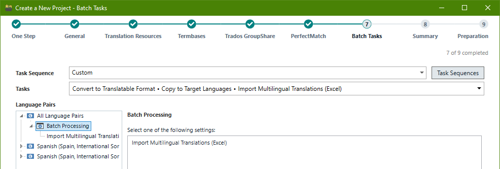 Trados Studio batch tasks setup window for creating a new project, highlighting the 'Import Multilingual Translations (Excel)' task.