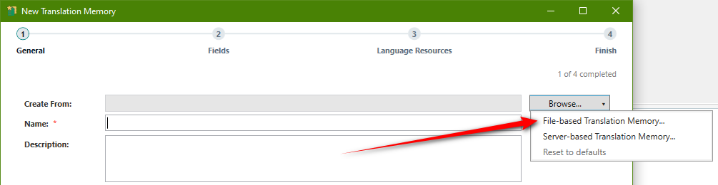 Screenshot showing how to create a new TM based on the selection of an existing one.