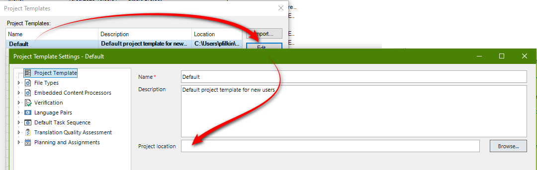 Screenshot showing how to set the default path for projects in the default project template.