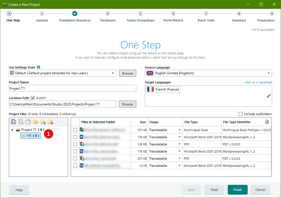 Trados Studio 'Create a New Project' window showing 'One Step' configuration with Project Name 'Project 71' and Location Path 'C:UserspflikinDocumentsStudio 2022ProjectsProject 71'. Six project files listed as translatable with various file types including Excel and Word.