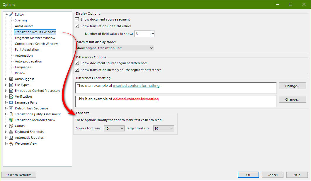 Screenshot showing where to change the font size for the translation results panes.