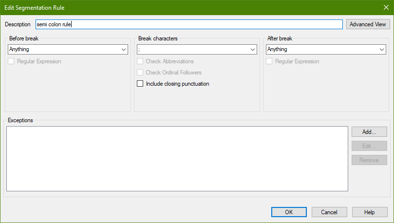 Screenshot showing a semicolon break rule in the segmentation settings for the TM