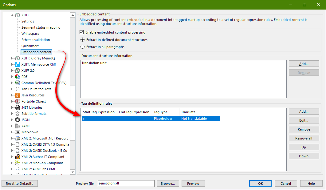 Screenshot showing a placeholder rule using the semi-colon in the XLIFF filetype settings