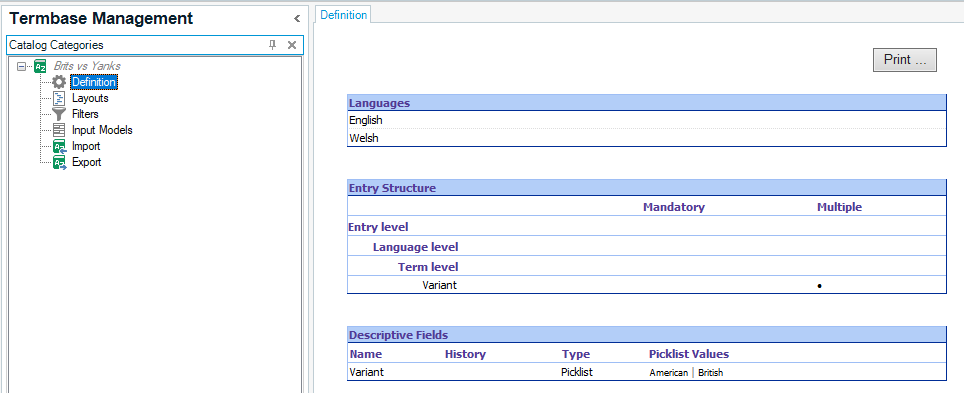 Screenshot showing the termbase definition settings