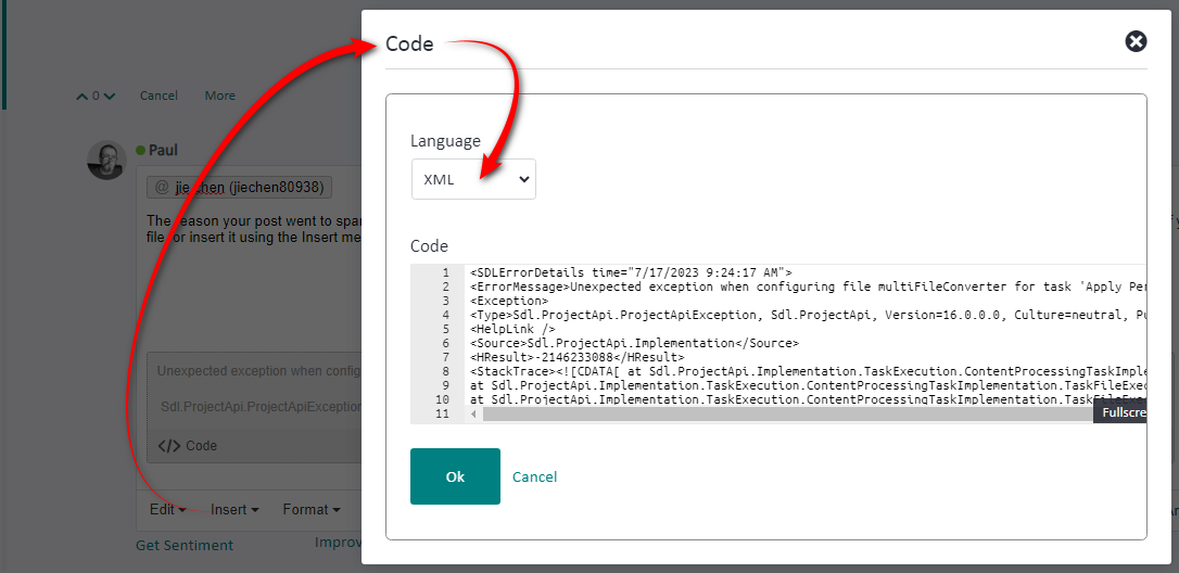 Screenshot showing how to use the forum to insert a code sample, or an error stack.