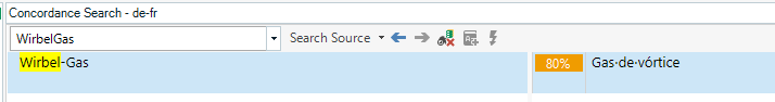Screenshot showing an 80% match in the TM concordance search for WirbelGas compared to Wirbel-Gas.