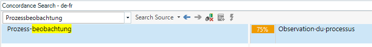 Screenshot showing a 75% match in the TM concordance search for Prozessbeobachtung compared to Prozess-beobachtung