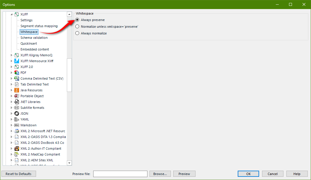 Screenshot showing the preserve whitespace setting in the XLIFF filetype settings.