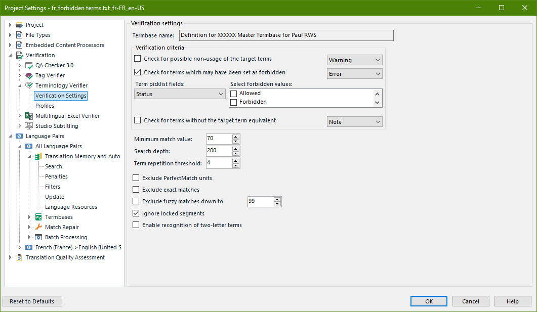 Screenshot showing terminology verifier settings.
