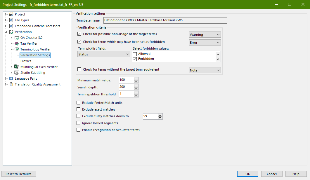 Screenshot showing the terminology verifier settings.