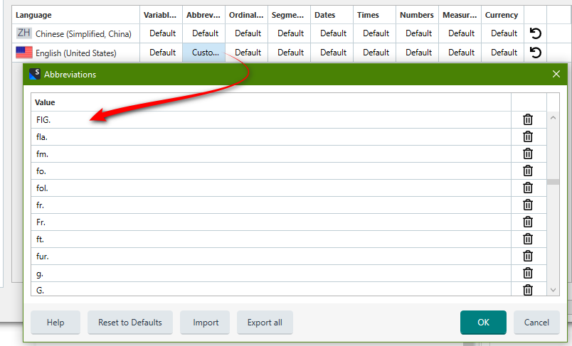Screenshot showing a new abbreviation in the Language Resources