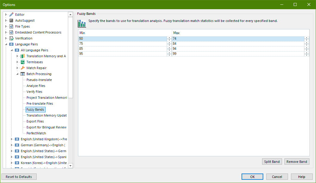 Screenshot showing the default analysis fuzzy bands under the batch processing options.