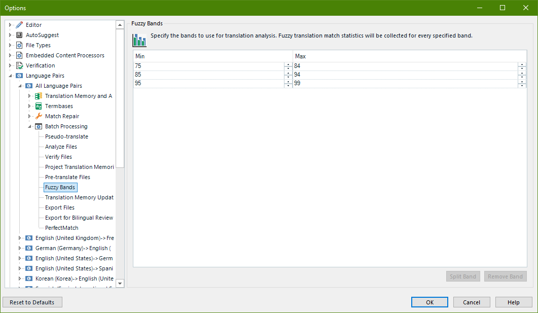Screenshot showing the default Fuzzy Bands editd to remove the 50-74% band causing these results to appear under No Match